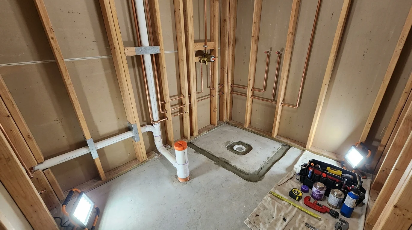 Bathroom rough-in plumbing during remodel by Johns Plumbing LLC in Reynoldsburg