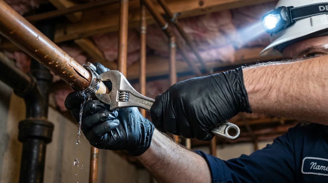 Emergency pipe clamp repair being performed by a Johns Plumbing LLC plumber in Reynoldsburg