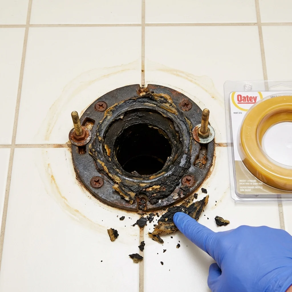 Failed wax ring showing water seepage at the base of a toilet in a Reynoldsburg, OH home