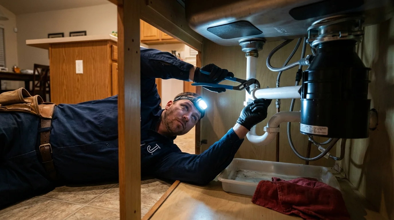P-trap and supply line connections under a kitchen sink showing a common leak point in Reynoldsburg, OH